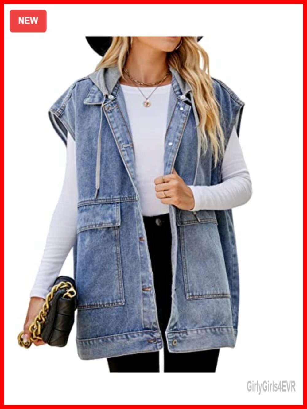 Oversized Distressed Denim Vest, Sleeveless Jean Vest with Pockets, Casual